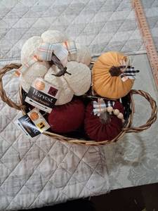 lot 40 image: Harvest Fabric Pumpkin Fall Decoration Set with Wicker Basket