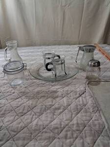 lot 43 image: Glass Kitchen and Dining Serving Set with Pitcher Salt Shaker and Cups