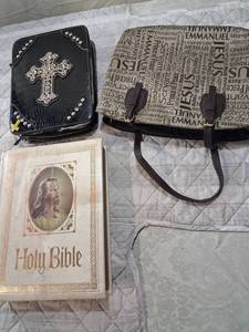 lot 93 image: Cross-Studded Bible Case and Holy Bible Set