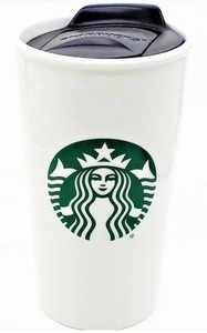 lot 12490 image: Starbucks White Ceramic Travel Mug with Black Lid, 12oz
