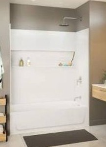lot 12693 image: Bootz Industries NexTile 60 in. W x 30 in. D x 60 in. H Four-Piece Direct-to-Stud Composite Alcove Tub Surround in White, (Manufacture Defect, See Pictures)