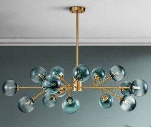 lot 12695 image: Modern Brass Sputnik Chandelier with Blue Glass Globes
