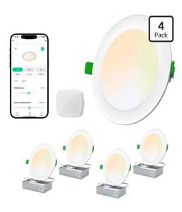 lot 2592 image: LEPOWER-TEC Recessed LED Can Lights 6 Inch, Smart Wi-Fi Connect White LED Ceiling Light, Adjustable 2700K-6500K Downlight with Junction Box, APP & Voice Control, 1100 Lumens, 4 Pack
