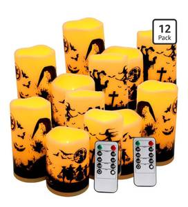 lot 2593 image: 12-Pack Halloween Ink Painting Large Electronic Waxes with Remote Control, Flameless LED Candles for Halloween Spooky, Halloween Ambient Sense Artifacts.