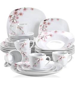 lot 2601 image: VEWEET Annie Porcelain Dinnerware for 6, 30-Piece Pink Floral Dish Set With Plates and Bowls Including Dinner, Dessert, Soup, Cups & Saucers