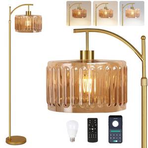 lot 2708 image: QIYIZM Glass Floor Lamp for Living Room,Bedroom,Gold Dimmable Standing Lamp with Remote,Mid Century Modern Brass Tall Lamp Boho Vintage Retro Floor Lamps Arc Amber Flower Floor Light Lamp Bohemian