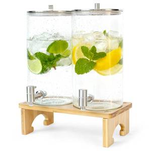 lot 2713 image: 2 Pack 1.5 Gallon Drink dispenser with Stand Glass Beverage Dispenser With Wood Stand, 188 Stainless Steel Spigot and Labels Large Water Drink Dispensers for Parties, Lemonade,Juice, Tea