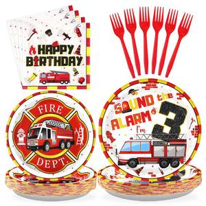 lot 2728 image: 96Pcs Fire Truck 3rd Birthday Decorations Firefighter 3rd Birthday Plates and Napkins Tableware Sets Sound the Alarm Party Decorations for Boys Firetruck Fireman 3 Years Old Party Supplies Serve 24