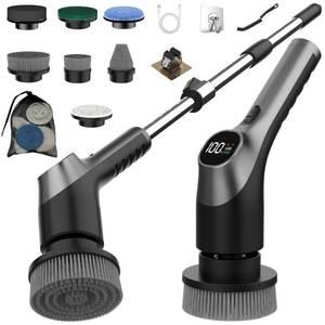 lot 2729 image: Electric Spin Scrubber, Shower Scrubber with Long Handle Adjustable LCD Display, 2 Speed Shower Cleaner, 7 Replaceable Brush Heads Bathroom Cleaning Brush, Bath Tub Power Scrubbers Black G3