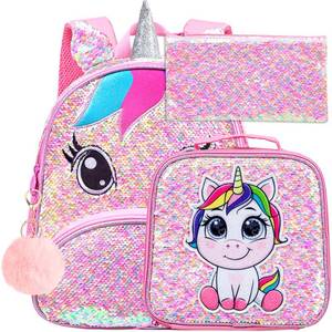 lot 2744 image: AGSDON 3PCS Unicorn Backpack for Girls, 12 Toddler Sequin Preschool Bookbag and Lunch Box - Pink