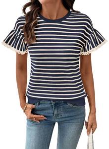 lot 2751 image: SHEWIN Women Summer Tops Ruffle Short Sleeve Shirts Business Dressy Blouse Casual Fashion Trendy Sweaters Loose Fit Work 2026 Clothes Size 2XL, Beige and Navy Blue Stripe
