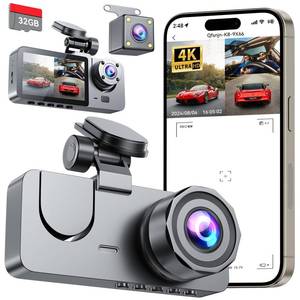lot 2761 image: Dash Cam Front and Rear Inside 3 Channel, 4K Full UHD Dash Camera for Cars Built-in 32GB Card with IR Night Vision, 24 Hours Recording, Loop Recording, G-Sensor (Black)