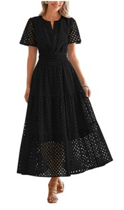 lot 2792 image: PRETTYGARDEN Womens 2026 Summer Maxi Dress Short Sleeve V Neck Hollow Out Eyelet A Line Long Flowy Beach Vacation Dresses (Black,Large)