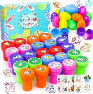 lot 2803 image: Myouth 24PCS Easter Egg Filled Basket Essentials Pre Fill with Bunny Stampers Toys and Tattoos Stickers Easter Basket Stuffers Party Favors Classroom Prizes Gift
