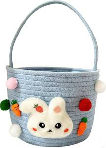 lot 2814 image: Empty Easter Basket with Handle &amp Cute Characters - Bunny Themed Gift Basket Ideal for Egg Hunts &amp Easter Treat Storage (Blue) - Retail $32