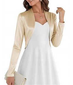 lot 2830 image: Belle Poque Women Long Sleeve Bolero Shrug Open Front Satin Jacket Ruffled Shrugs for Evening Dresses Formal White S