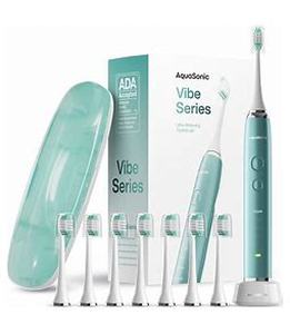lot 2835 image: Aquasonic Vibe Series Ultra-Whitening Toothbrush ADA Accepted Power Toothbrush - 8 Brush Heads &amp Travel Case 40,000 VPM Motor &amp Wireless Charging - 4 Modes w Smart Timer Mint Green Metallic