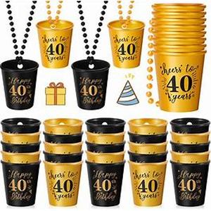 lot 2842 image: Sureio 24 Pcs 40th Birthday Party Favors Shot Glass Necklaces Cups Bulk for Women Men Guests, Plastic Gold and Black Shot Necklace Cups for Birthday Anniversary Supplies