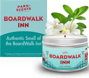 lot 2848 image: Park Scents Boardwalk Inn Theme Park Resort Luxury Hotel Candle Bergamot Thyme Chrysanthemum Jasmine White Tea Vegan Soy Wax Blend 8 oz.- Retail $25