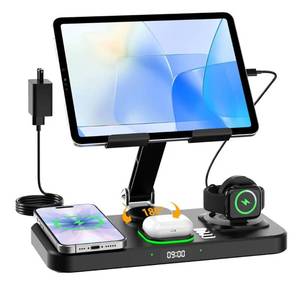 lot 2867 image: 30W Charging Station for Apple Products, Foldable Wireless Charger with Clock Display&7 Color Light, Wired Charging for iPadTablet Charging Station for iPhone16, for Apple Watch10 for AirPods4(Cream