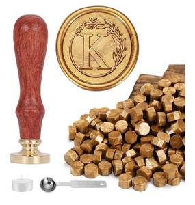 lot 2870 image: Yoption Letter Wax Seal Kit, Vintage Initial Alphabet K With Wreath Stamp and 120 Antique Gold Seal Beads