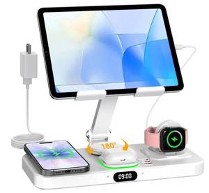 lot 2878 image: 30W Charging Station for Apple Products, Foldable Wireless Charger with Clock Display&7 Color Light, Wired Charging for iPadTablet Charging Station for iPhone16, for Apple Watch10 for AirPods4(Cream