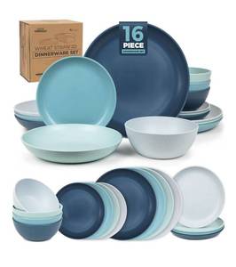 lot 2879 image: Grow Forward 16-piece Premium Wheat Straw Dinnerware Sets for 4 - Unbreakable Dishwasher & Microwave Safe Plastic Plates and Bowls Sets - Patio, Outdoors, RV, Camping Dishes - Seascape