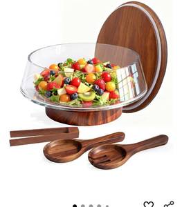 lot 2881 image: Airsent Extra Large Glass Salad Bowl with Lid Set, 5-Qt (160 fl oz) MixingServing Bowl with Wood Base & Salad Servers, Trifle Bowl for Kitchen, Parties & Christmas