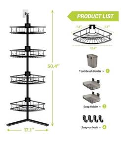 lot 2882 image: Aitatty Corner Shower Caddy Standing 4-tier Rustproof Shower Organizer Shelf - Floor Shower Corner Shelf Rack Stand for Bathroom Black