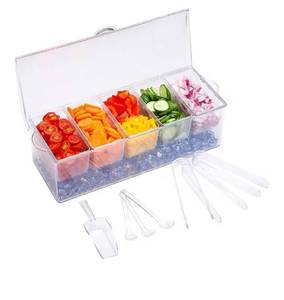 lot 2883 image: Condiment Tray with Stainless Steel 5 Spoons, 5 Forks and 1 Clip, Chilled Condiment Server, Condiment Server, Bar Garnish Holder on Ice, Bar Accessories Fruit and Salad with Removable Trays and Lid