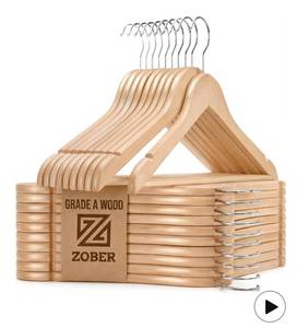 lot 2887 image: ZOBER High-Grade Wooden Hangers - Heavy Duty, Non Slip Wood Hangers for Coats, Jackets, Suits, & Pants - Clothes Hangers for Closet WBar and Notches 20 Pack