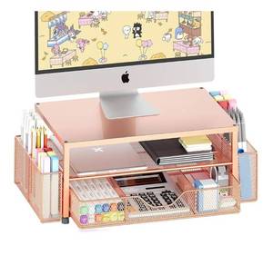 lot 2893 image: OPNICE Desk Organizers and Accessories, 2-Tier Computer Monitor Stand with Drawer and 2 Pen Holders, Laptop Stand, Office Desk Accessories for Office Supplies, Rose Gold
