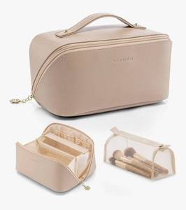 lot 2898 image: VLANDO Makeup Bag,Travel Toiletry Bag,Cosmetic Bag for Women PU Leather Portable Make up Bag for Skincare, Brushes & Travel Essentials-Toffee