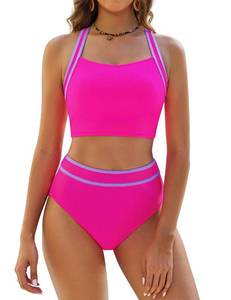 lot 2950 image: BMJL Womens High Waisted Bikini Sets Two Piece Swimsuits Sporty Tummy Control Bathing Suit Color Block Swim Suit (X-Large, Hot Pink)