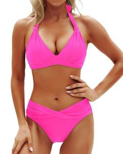 lot 2979 image: Yonique Women Two Piece Bathing Suits Push Up Bikini Set Halter Swimsuit Vintage Swimwear Hot Pink S
