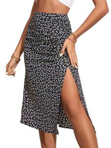 lot 2980 image: OYOANGLE Womens Boho Floral Print High Waisted A Line Split Thigh Summer Midi Skirt Black S