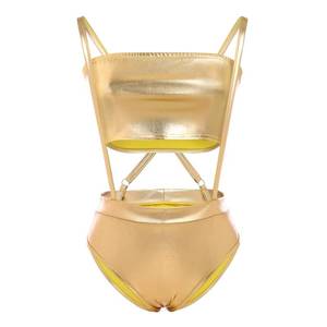 lot 2981 image: FYMNSI Women Sexy Holographic Metallic Bandeau Top Strapless Bikini Reflective Shiny Booty Shorts High Waist Cheeky Clubwear Gold Medium