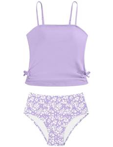 lot 2985 image: Queenstyle Teen Girls Swimsuit Size 12 -14 Two Piece Bathing Suits Purple Floral Drawstring Tankini Teen Girls Swimwear Purple