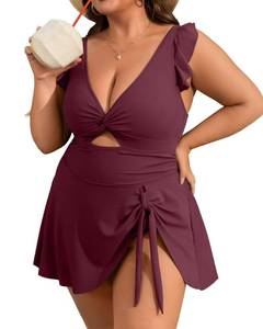 lot 2993 image: Charmo Womens Tie Knot Plus Size Swimsuit for Women Tummy Control One Piece Bathing Suit Slimming Ruffle Swimdress Brown 2X