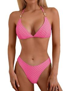 lot 4008 image: swimall Womens Triangle Bikini Set Cheeky High Cut Sexy Two Piece Swimsuit Cute Halter Bathing Suit - Pink - Large