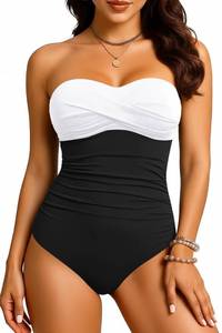 lot 4014 image: Yonique Womens Strapless One Piece Swimsuit Tummy Control Bandeau Bathing Suits Slimming Twist Front Swimwear White and Black M