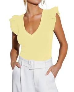 lot 4015 image: Ezbelle Womens V Neck Tank Tops Ruffle Rib Knit Crop Shirts Country Concert Summer Trendy Work Flutter Sleeveless Office Ladies Tops Yellow M