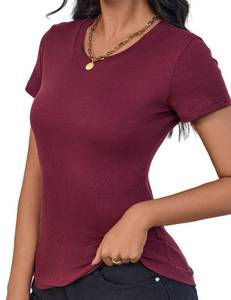 lot 4020 image: Burgundy Ribbed T Shirt Women Slim-Fit Spring Cuting Going Out Tops(Burgundy Medium)