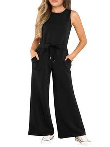 lot 4022 image: Haloumoning Girls Jumpsuits Sleeveless Round Neck Wide Leg One Piece Rompers Little Kid Big Kids, Black, 9-10 Years