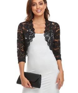 lot 4027 image: PEIQI Womens 34 Sleeve Sheer Crochet Lace Bolero Shrug Cropped Cardigan Black Small