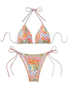 lot 4028 image: ZAFUL Womens Printed Triangle Bikinis 2 Piece Halter Bikini Sets High Cut Bathing Suit Side Tie Swimsuits Orange Tribal S