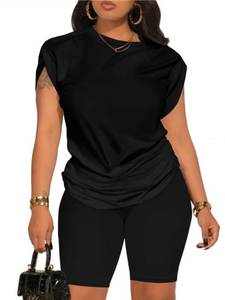 lot 4035 image: PINSV Women 2 Piece Outfits Summer Sweatsuits Track Suits Biker Short Workout Jogger Sets Black 2XL