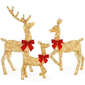 lot 3006 image: Best Choice Products 4ft 3-Piece Lighted 2D Christmas Deer Set Outdoor Yard Decoration w 175 LED Lights  Stakes - Gold