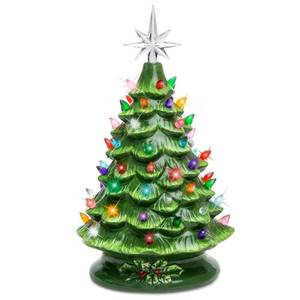 lot 3007 image: Best Choice Products 15in Ceramic Christmas Tree  Pre-lit Hand-Painted Holiday Decor w 64 Lights - Green w Multicolor Bulbs