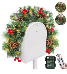 lot 3015 image: 3 Ft Artificial Christmas Mailbox Swag, Pre-lit Mailbox Christmas Decorations with 30 Warm White & Multicolored LED Lights Red Berry Clusters Pinecones 8 Lightmodes Timer for Xmas Holiday Home Decor